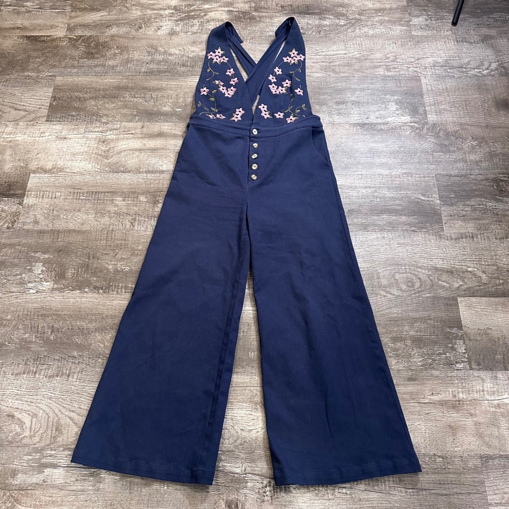 Stella Sky Navy Blue Floral Embroidered Wide Leg Jumpsuit Womens Large 61104